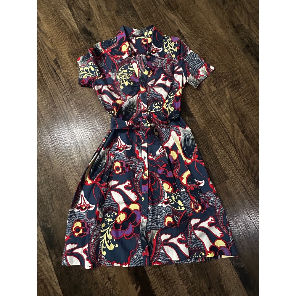 Tahari Dress Womens XS Blue Purple Floral Short Sleeve Button Front Tie Waist